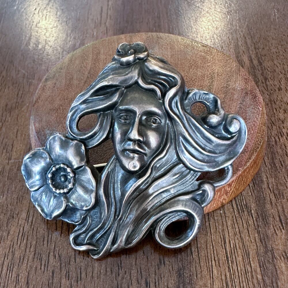 Antique Art Nouveau Sterling Silver Brooch Maiden with Flower, Gibson Girl Style - Picture 12 of 13